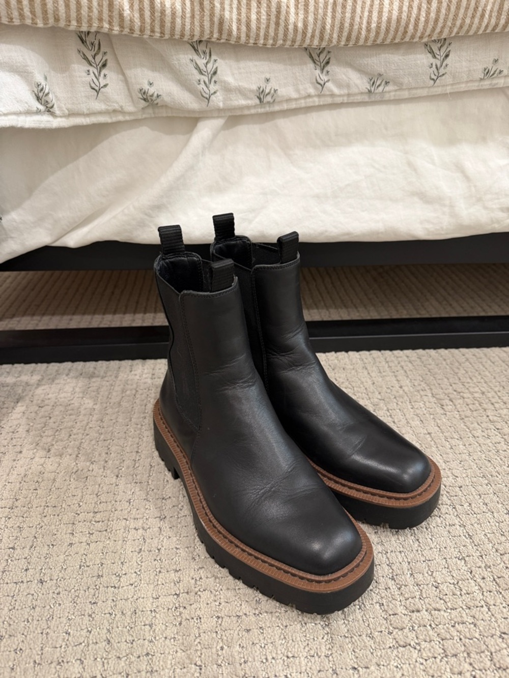 Sam Edelman Black Leather Lug Sole Chelsea Booties with Brown Trim